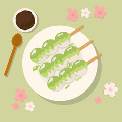 Traditional Japanese dessert Dango with matcha or green tea flavor topping. Hanami Dango dessert on a plate. Design element for banner, poster, restaurant menu. Vector illustration