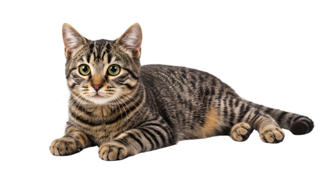 Cute Tabby Cat Lying Down with Striped Fur and Green Eyes