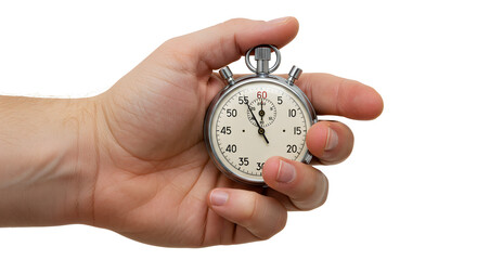 Hand Holding Classic Chrome Stopwatch Against White Backdrop with Timing Accuracy