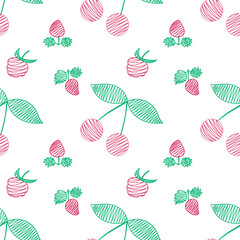 pattern, texture, berries, cherry, raspberry, strawberry, in embroidery style fruit plant food, red, juicy, doodle, line, minimalism, vector