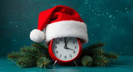 Festive Red Alarm Clock Topped with Santa Hat and Evergreen Branch on Teal Backdrop for Christmas Season
