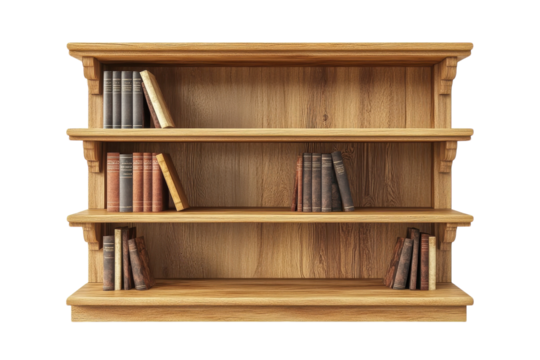 Antique wooden bookcase filled with vintage books rich warm tones dark background classic design