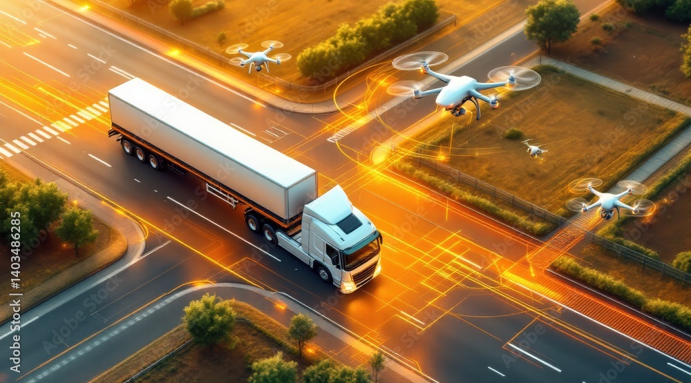 Aufkleber a futuristic scene showcasing a truck navigating a busy intersection, monitored by multiple drones, 