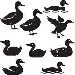 Set of cute duck bird silhouettes vector collection