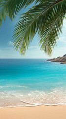 Idyllic paradise island beach view with clear aqua sea and blue sky.