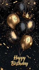 A banner with a crown and balloons that says Happy Birthday