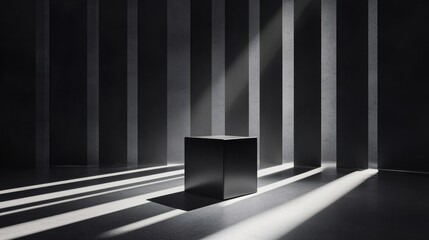 Obraz premium A black cube sits in the center of a room with a black and white striped wall.