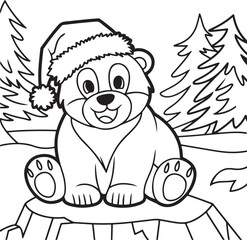 A cute cartoon vector illustration shows a happy polar bear cub and panda near a fun Christmas tree