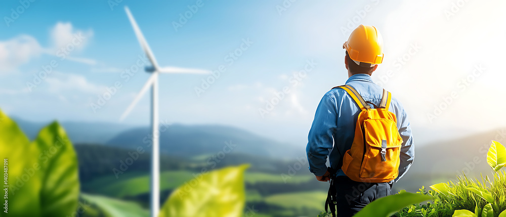 Poster a skilled engineer ascends a tall wind turbine tower to perform a routine inspection, ensuring the r