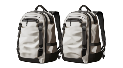 Two gray backpacks with black trim transparent background PNG