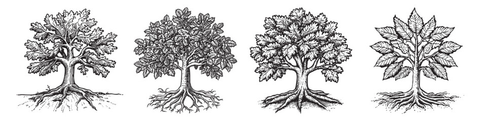 Detailed Vintage Illustration of Four Distinct Tree Types with Roots, logo design, engraving design, vector illustration