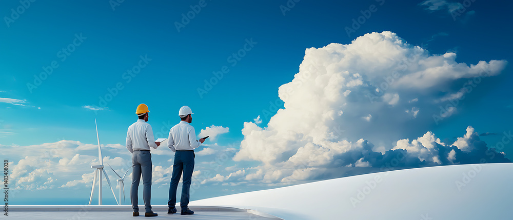 Poster a group of engineers in uniforms and hardhats discussing maintenance plans and strategies for an upc