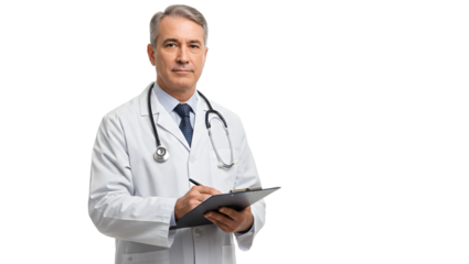 Professional Senior Male Doctor with Stethoscope and Clipboard
