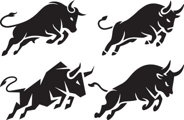 A minimalist black and white logo of a jumping bull