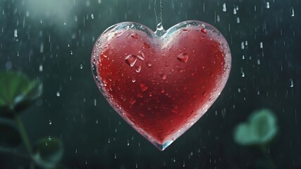 Red heart in rain love and romance concept valentine's day rainy day heart shape love heart background