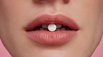 Obraz premium Close-up of woman lips with a capsule pill or tablet on the upper lip or inside mouth