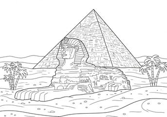 Ancient pyramid with sphinx, palm trees, and desert scenery, easy and fun coloring page. Print-ready on standard 8.5 x 11 inch paper, high-resolution 300 dpi for crisp details.