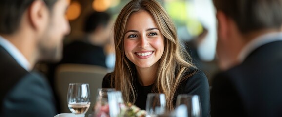 Woman smiles at restaurant, business lunch, blurred background