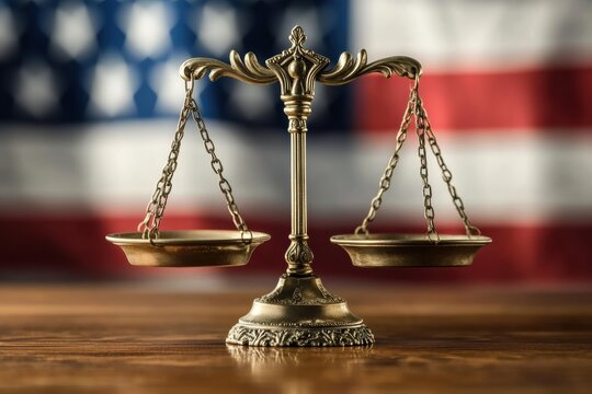 Symbolic scales of justice stand in front of waving national flag representing balance of power and legal principles in a democratic society