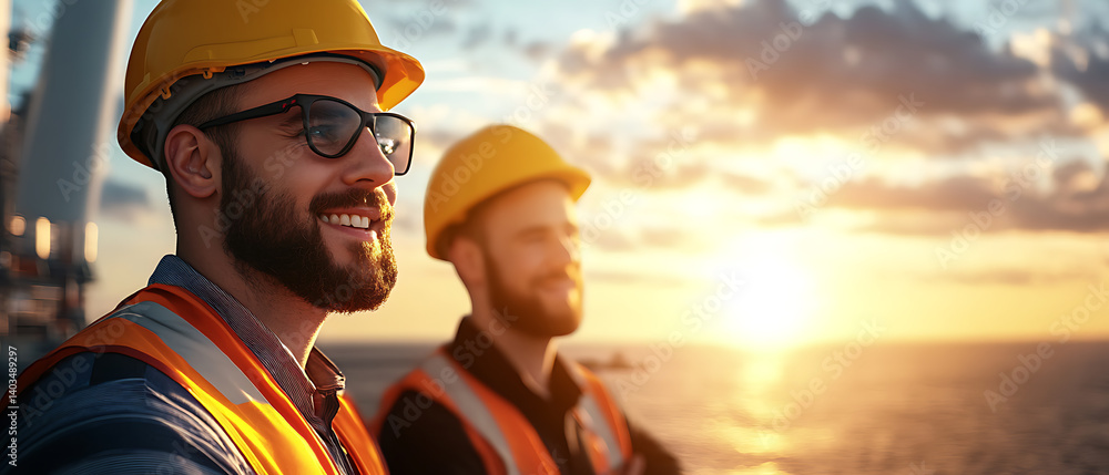 Poster a group of maintenance workers in uniform discussing and inspecting a tall wind turbine tower, colla