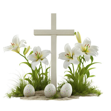 Colorful easter eggs and a cross displayed together signifying renewal and celebration of the easter holiday isolated on a white background.