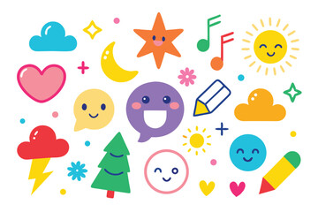 Obraz premium Cheerful Fun Elements Cartoon Clouds, Heart, Star, Sun, Notes, and Tree
