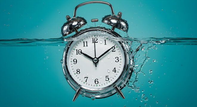Classic Chrome Alarm Clock Submerged in Blue Water Showing Time is of Essence