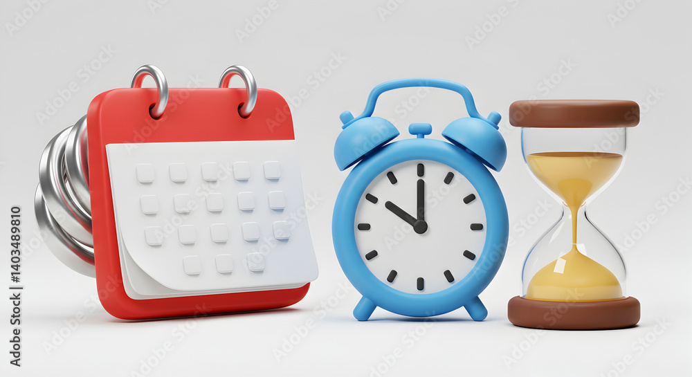 Poster calendar clock and hourglass on white background symbolizing time management and scheduling