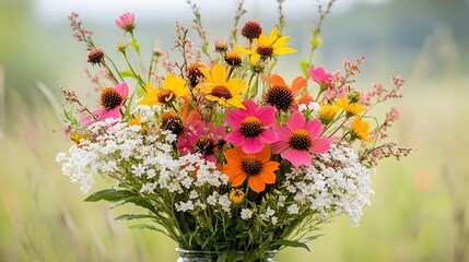Picturesque native flower arrangement featuring Coreopsis coneflowers and Queen Annes lace set against a blurred meadow background
