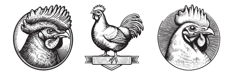 Vintage Illustration of Roosters in Detailed Engravings and Circular Frames, logo design, engraving design, vector illustration