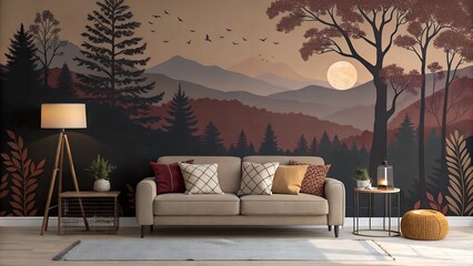 living room  with beautiful wallpaper with sofa and decoration