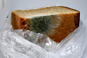 Moldy rye bread in close-up on a light background. Bread, unsuitable for food. Mold due to improper storage of the product. Mold stains on bread. Selective focus.