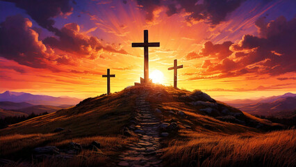 Three Crosses on Calvary Hill at Sunset – Good Friday Christian Background