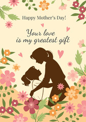 Elegant flat-style Mother’s Day card with a silhouette of a mother and daughter, framed by soft floral decorations.