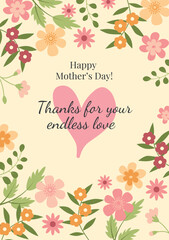 Vector illustration of a Mother’s Day card with pink heart, handwritten typography and decorative floral frame. Ideal for print, posters, and social media graphics.