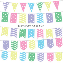 Vector bunting flags with stripes, dots and hearts. Perfect for birthday decorations, party invitations, baby shower, kids celebration, scrapbooking, and festive design. Isolated on white background.