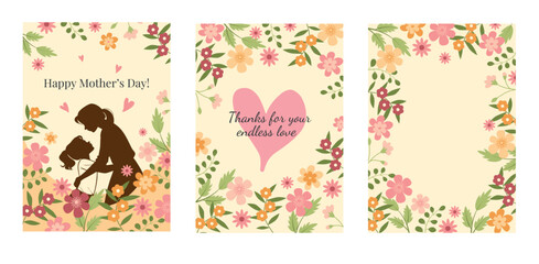 Vector collection of three Mother’s Day cards including floral heart design, silhouette illustration and blank template.
