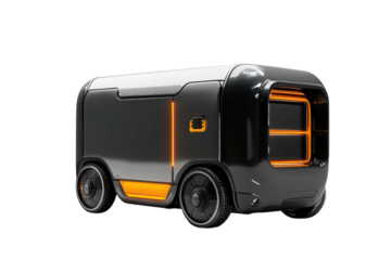 Futuristic autonomous delivery vehicle sleek design dark metallic orange accents isolated black