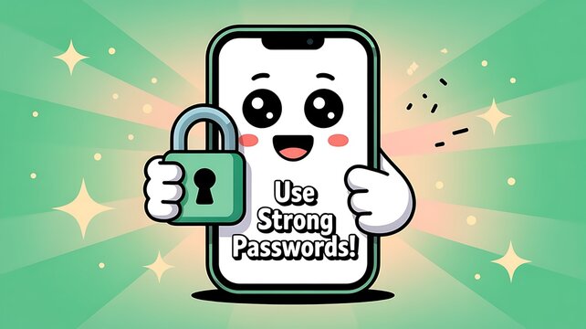 Cute phone character promotes strong passwords for enhanced online security.