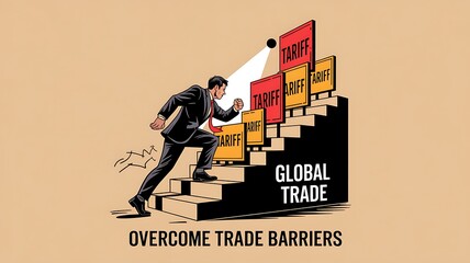Businessman overcomes trade barriers (tariffs) to achieve global trade success.