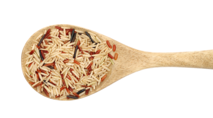 Wild mix rice, red, brown and basmati in wooden spoon isolated on white, top view