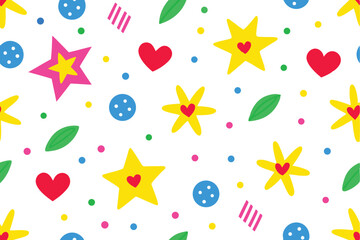 Colorful Seamless Pattern Hearts Stars Leaves Dots on White Background Flat Design
