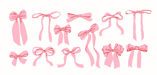 Hand Drawn Pink Coquette Bows Vector Set – Cute Feminine Ribbon Clipart for Scrapbooking, Invitations, Fashion Design, Packaging, Stickers, and Holiday Decorations – Soft Aesthetic Style