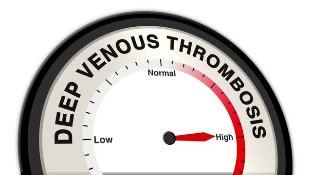 Deep Venous Thrombosis text or word shown with a barometer or tachometer-style gauge, representing varying levels of clot severity and circulatory disruption