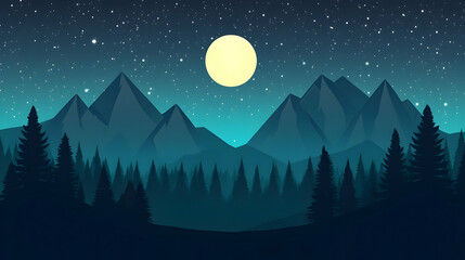 Serene night landscape featuring a full moon illuminating the mountain range