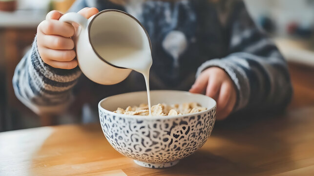 Gentle pour: Child adding milk to cereal for a wholesome breakfast scene