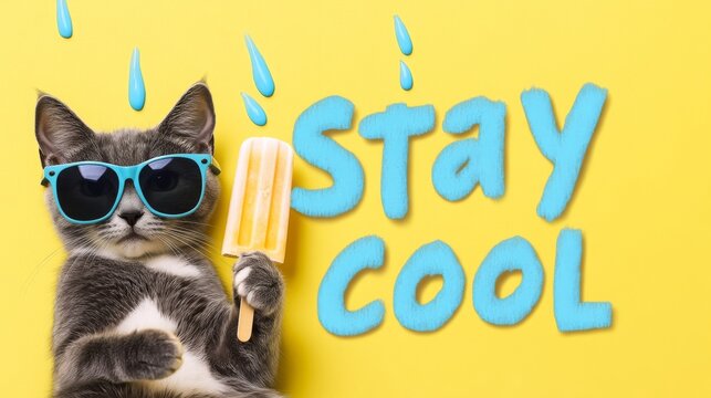 Cat wearing sunglasses holding popsicle on yellow background with stay cool message