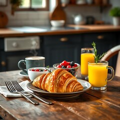 A cozy rustic table with a gourmet breakfast setup: croissant, berries, black coffee, and orange juice. Morning light adds warmth to this elegant, natural food scene. No text, ultra-realistic.