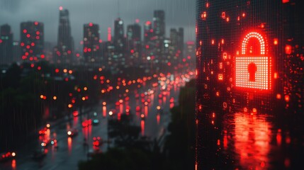 Obraz premium Cybersecurity in the Rain: A City's Digital Fortress