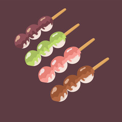 Traditional Japanese dessert Dango isolated. Hanami Dango dessert on a plate. Design element for banner, poster, restaurant menu. Vector illustration set
